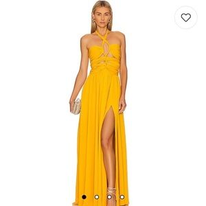 Ronny Kobo Collection Bright Yellow Halter Maxi Dress with Twisted Bodice